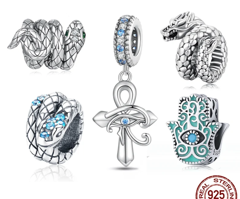 925 Sterling Silver Blue Snake Charm Bracelets - Women Jewelry