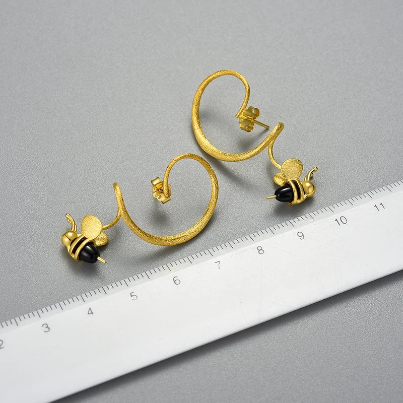 Sterling Silver 18K Gold Honey Bee Dangle Earrings For Women