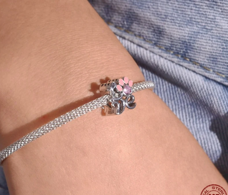 Sterling Silver Pink Cat Claw Charms - Love Heart Pet Animal Beads for Bracelet Bangles