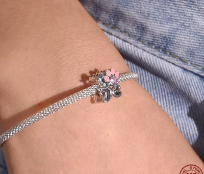 Sterling Silver Pink Cat Claw Charms - Love Heart Pet Animal Beads for Bracelet Bangles