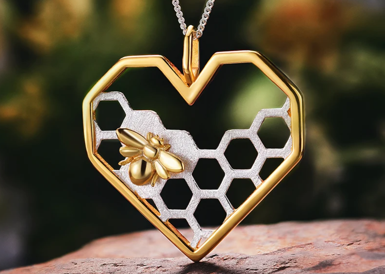 Sterling Silver Honeycomb Pendant with 18K Gold Bee - Love & Nature Intertwined (Chain Sold Separately)