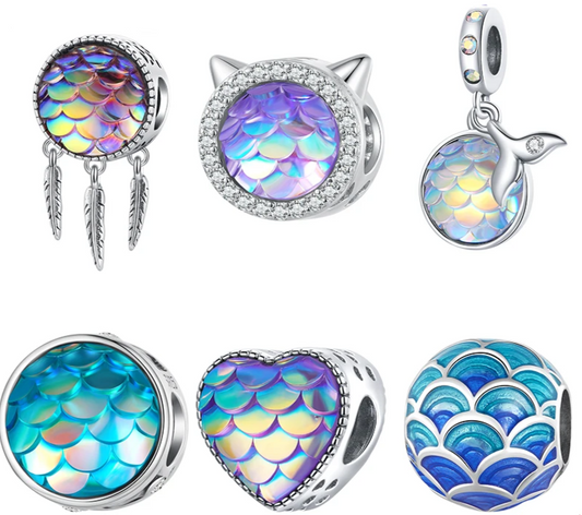 Sterling Silver Charm Bracelets	 - Ocean Cathead & Fish Scale Hanging Bead Resin Heart Charms