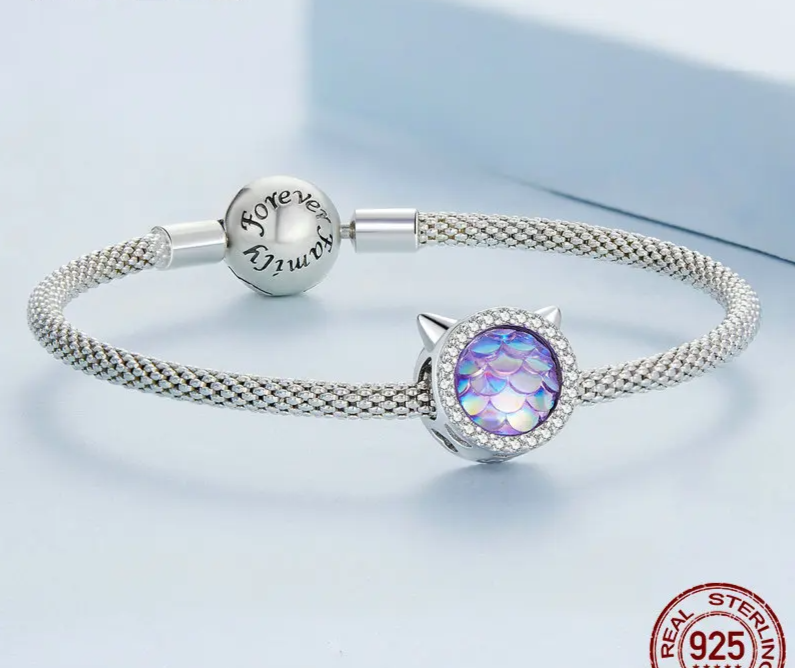 Sterling Silver Charm Bracelets	 - Ocean Cathead & Fish Scale Hanging Bead Resin Heart Charms