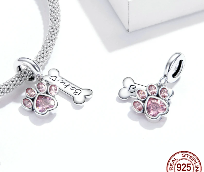 Sterling Silver Pink Cat Claw Charms - Love Heart Pet Animal Beads for Bracelet Bangles