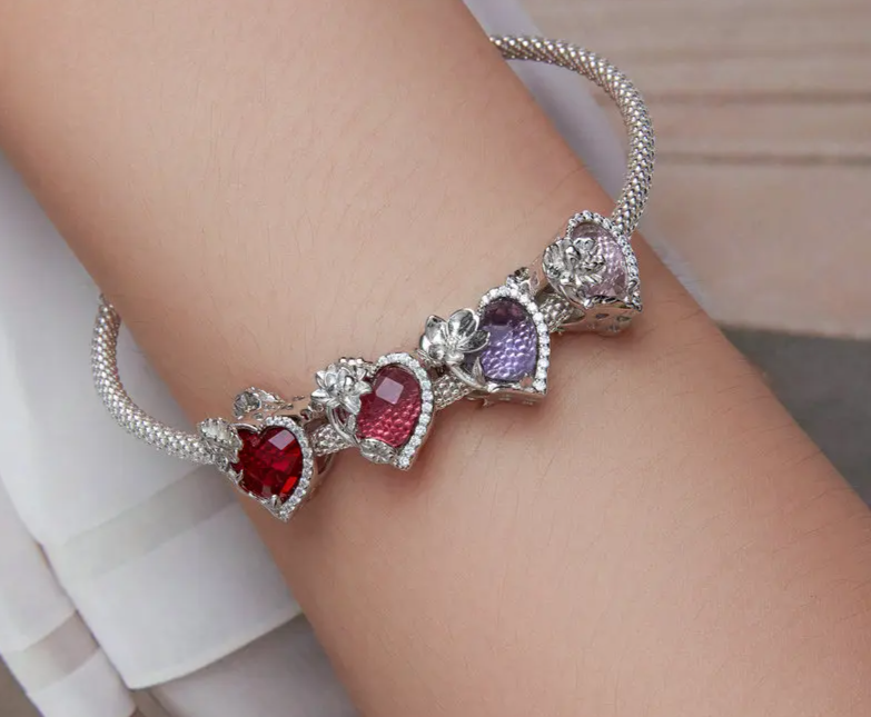 Sterling Silver Heart Bead  Birthstone Colorful Zircon Charm Fit Original Bracelet for Women
