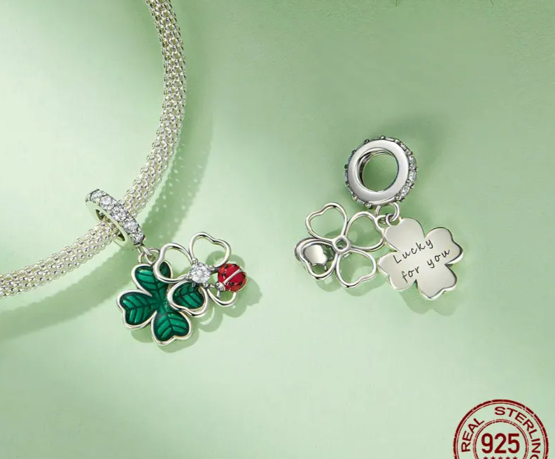 sterling silver charms for bracelets - Enamel Four-leaf Clover Charms - Silicone Ladybug Stopper Beads