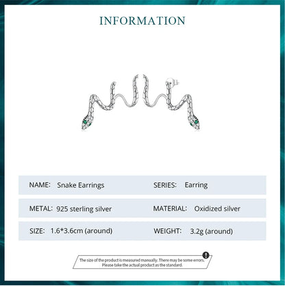 Sterling Silver Snake Earrings with Zircons Ear Studs for Women