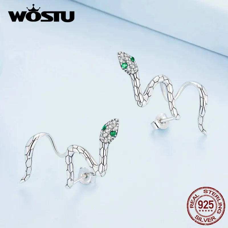 Sterling Silver Snake Earrings with Zircons Ear Studs for Women