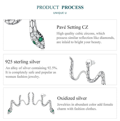 Sterling Silver Snake Earrings with Zircons Ear Studs for Women