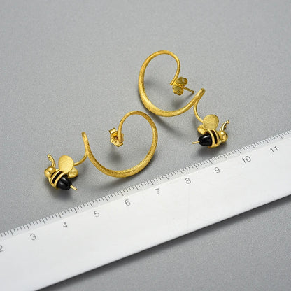 Sterling Silver 18K Gold Honey Bee Dangle Earrings For Women