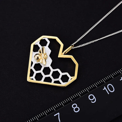 Sterling Silver Honeycomb Pendant with 18K Gold Bee - Love & Nature Intertwined (Chain Sold Separately)
