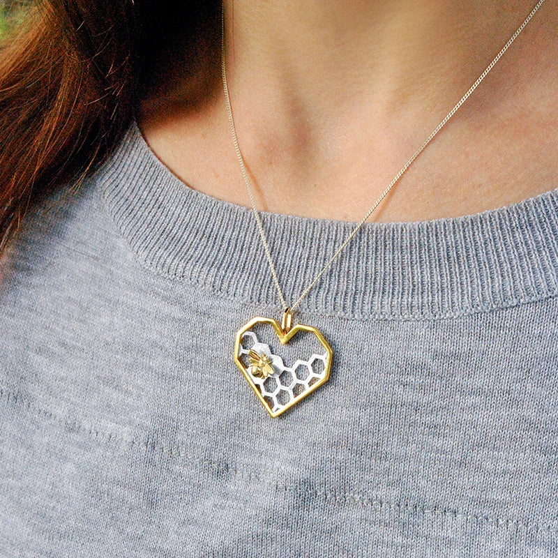 Sterling Silver Honeycomb Pendant with 18K Gold Bee - Love & Nature Intertwined (Chain Sold Separately)