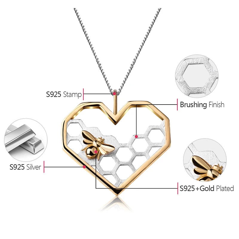 Sterling Silver Honeycomb Pendant with 18K Gold Bee - Love & Nature Intertwined (Chain Sold Separately)