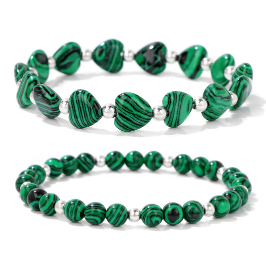 Sterling Silver Malachite Brcacelet - 2Pcs Heart Stone Bead Bracelet Set Natural Green Malachite Crystal Mineral Bracelet Silver Color Spacer Bead Stretch Bangle Gift