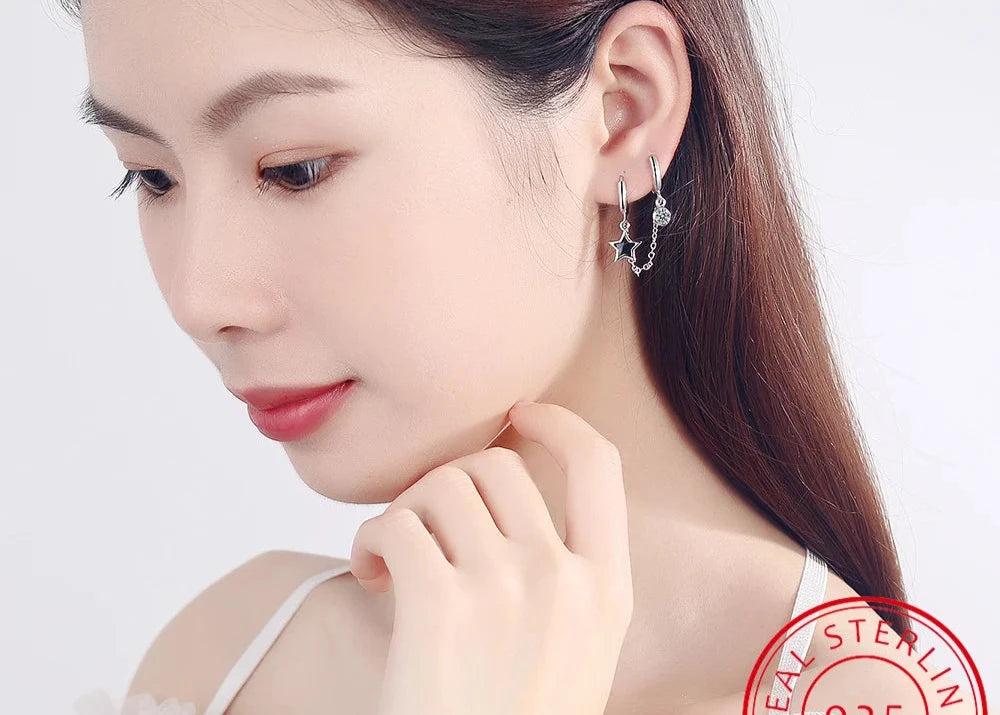 Sterling Silver Double Hoop Earring Chain for Women - Teen Girls Star Whisperer Statement Elegant Earring