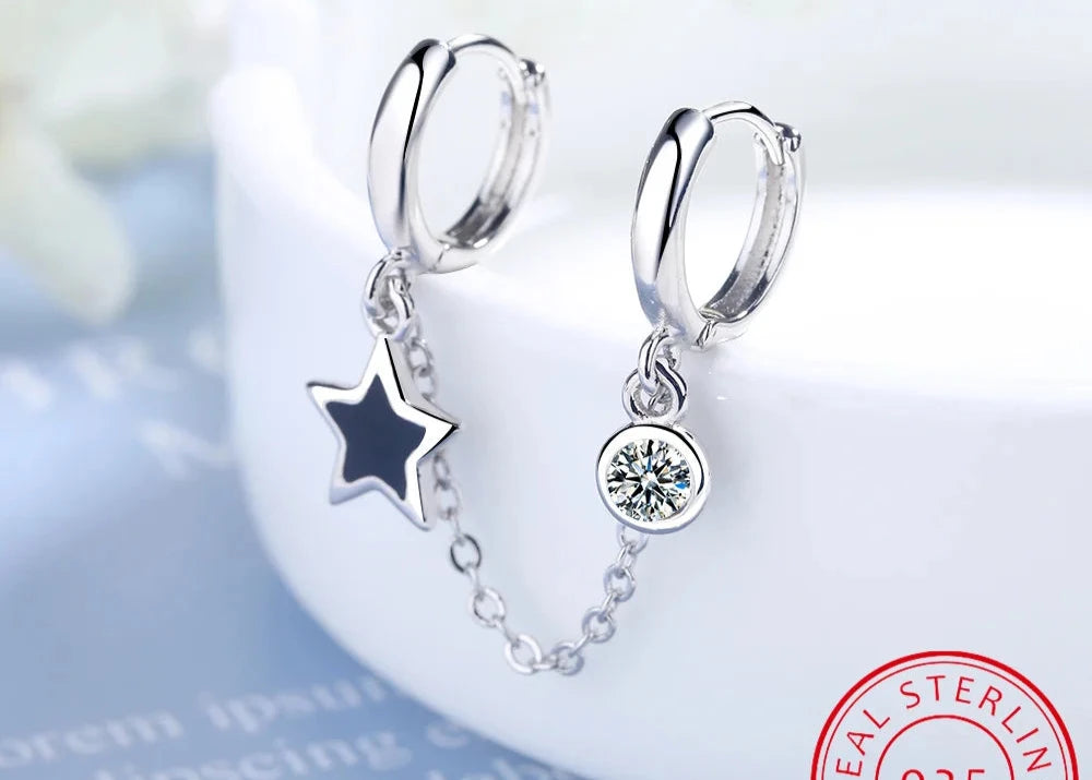 Sterling Silver Double Hoop Earring Chain for Women - Teen Girls Star Whisperer Statement Elegant Earring