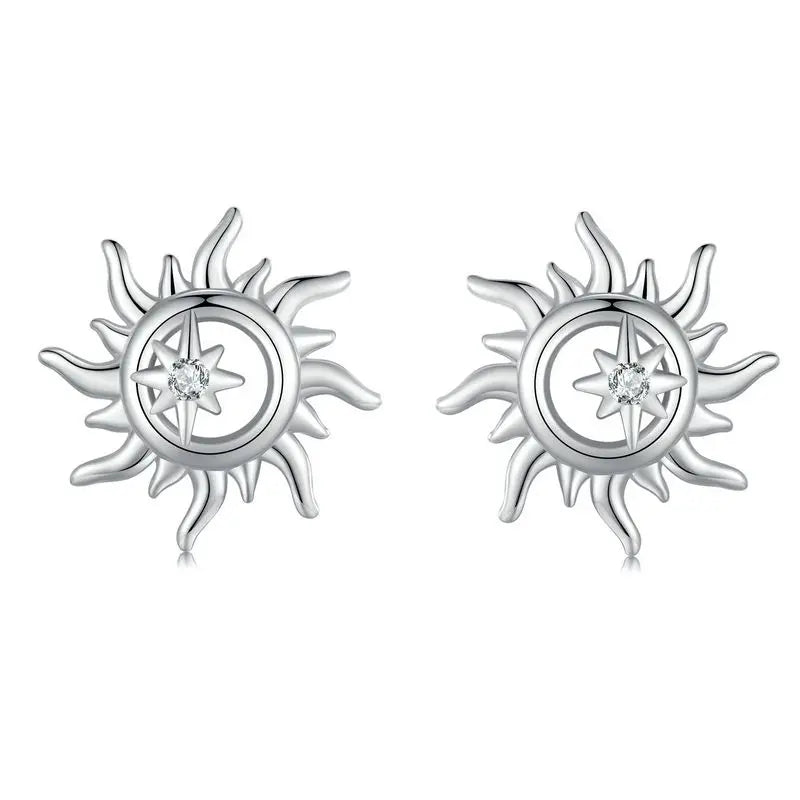 Sterling Silver Turquoise Sunburst Earrings - Snowflake Heart Angel Wing Stud Earrings Women Sun Star Zircon Ear Studs Wedding Party Jewelry Gift