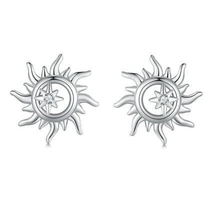 Sterling Silver Turquoise Sunburst Earrings - Snowflake Heart Angel Wing Stud Earrings Women Sun Star Zircon Ear Studs Wedding Party Jewelry Gift