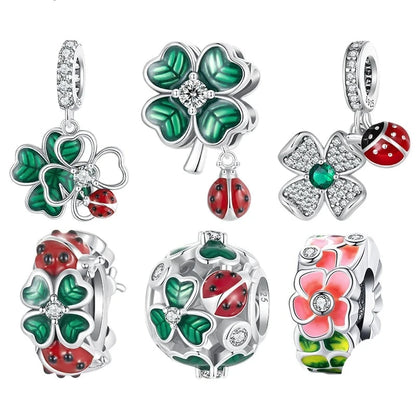 sterling silver charms for bracelets - Enamel Four-leaf Clover Charms - Silicone Ladybug Stopper Beads