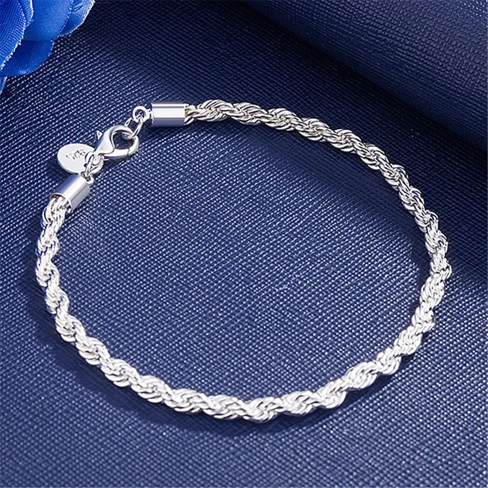 Mens Sterling Silver Bracelets -  18k Gold 925 Sterling Silver 4MM Chain Bracelets for Men Charm Women Lady Boy Wedding Party 20cm 8in