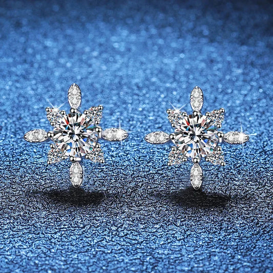 Rhodium Plated Sterling Silver - Moissanite Stud Earrings Women Snowflake Earring 925 Sterling Silver Plated Rhodium Sparkly Fine Jewelry Gift