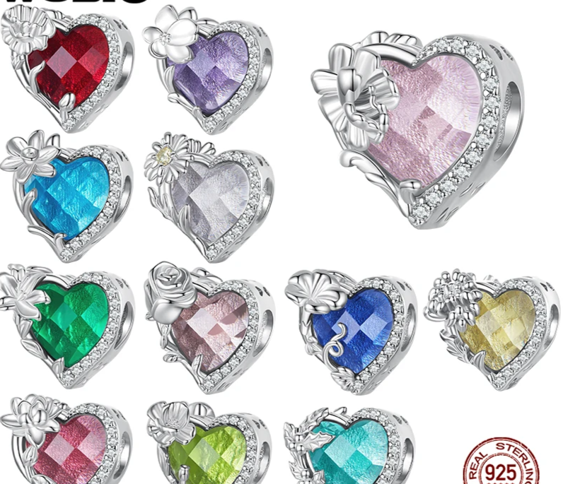 Sterling Silver Heart Bead  Birthstone Colorful Zircon Charm Fit Original Bracelet for Women
