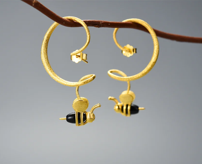 Sterling Silver 18K Gold Honey Bee Dangle Earrings For Women