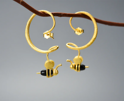 Sterling Silver 18K Gold Honey Bee Dangle Earrings For Women