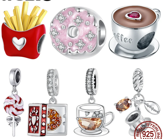 Sterling Silver 3D Pizza Food Charms - Enamel Coffee Cup Pendant Fit Original Bracelet for Women - 9 models