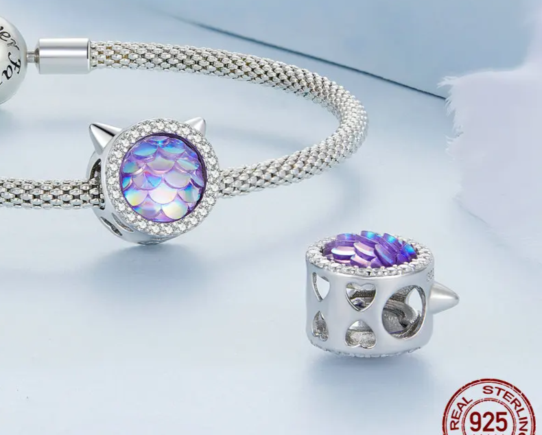 Sterling Silver Charm Bracelets	 - Ocean Cathead & Fish Scale Hanging Bead Resin Heart Charms