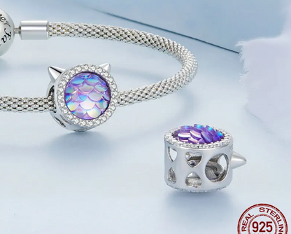 Sterling Silver Charm Bracelets	 - Ocean Cathead & Fish Scale Hanging Bead Resin Heart Charms