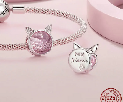 Sterling Silver Pink Cat Claw Charms - Love Heart Pet Animal Beads for Bracelet Bangles