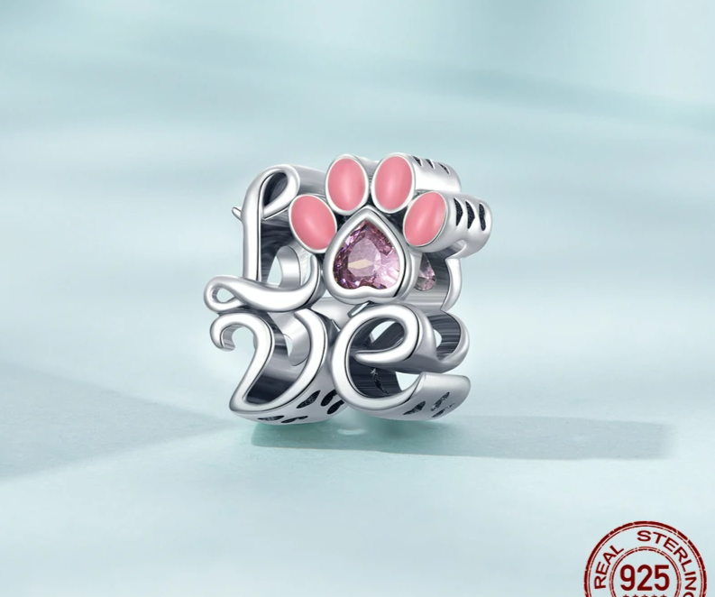 Sterling Silver Pink Cat Claw Charms - Love Heart Pet Animal Beads for Bracelet Bangles