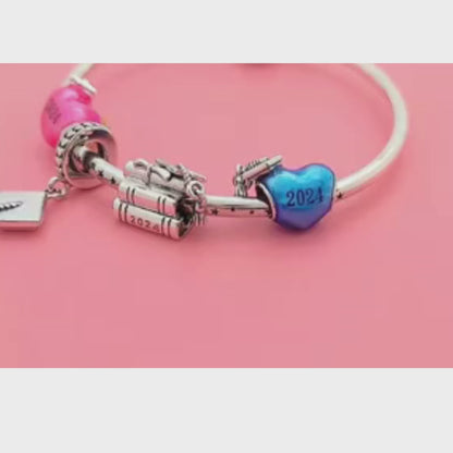 Sterling Silver 2024 Graduation Cap Charms - Pink & Blue Enamel Heart Graduation Triple Dangle Pendants Jewelry Gifts for Women
