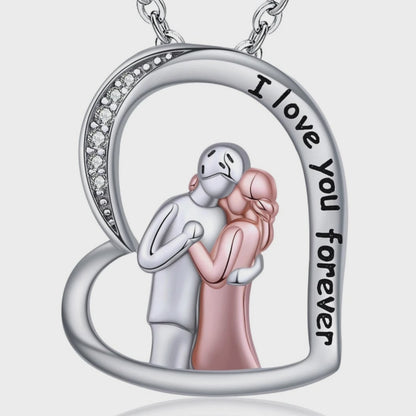 Pendant Sterling Silver Necklace -  Husband hugged Wife Rose Couple Heart Necklace for Women 💕🙌