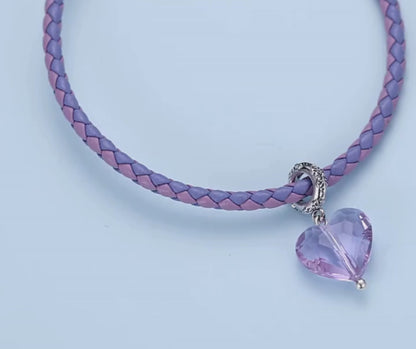 Sterling Silver Braided Leather Bracelet - Heart Charms - 3 Colors