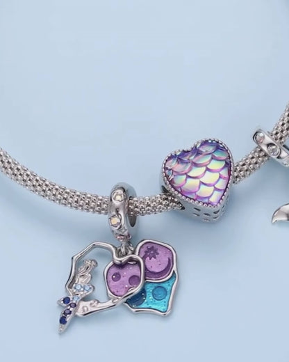 Sterling Silver Charm Bracelets	 - Ocean Cathead & Fish Scale Hanging Bead Resin Heart Charms
